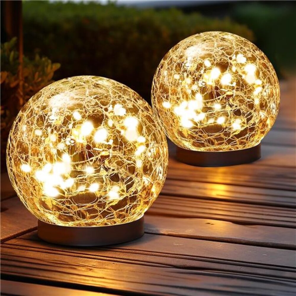 Solar Globe Lights Outdoor Waterproof Cracked Glass Garden Patio Yard Lawn Decor